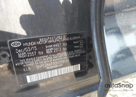 2016 Hyundai Sonata Se from USA, damaged, VIN 5NPE24AF5GH358184